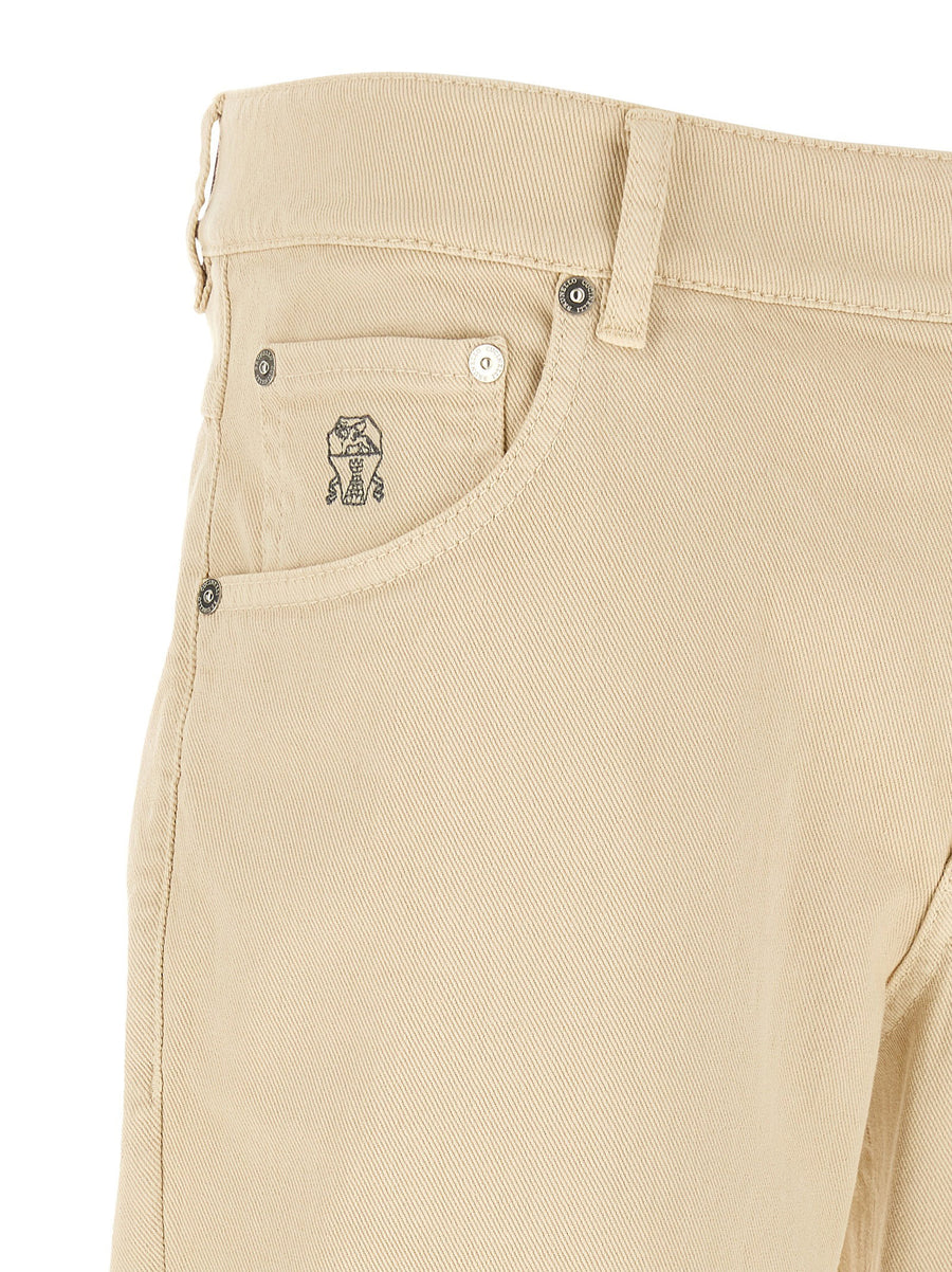 Brunello Cucinelli Logo Embroidered Beige Jeans Slim Fit