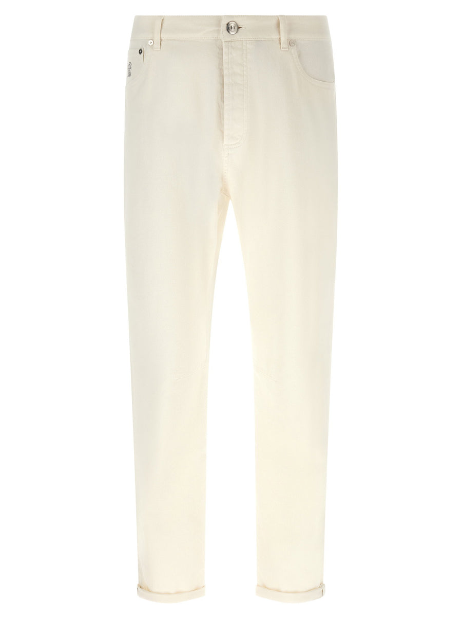 Brunello Cucinelli Logo Embroidery White Cotton Denim Jeans With Straight Leg