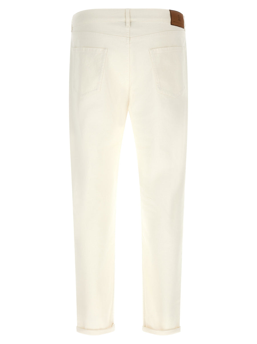 Brunello Cucinelli Logo Embroidery White Cotton Denim Jeans With Straight Leg