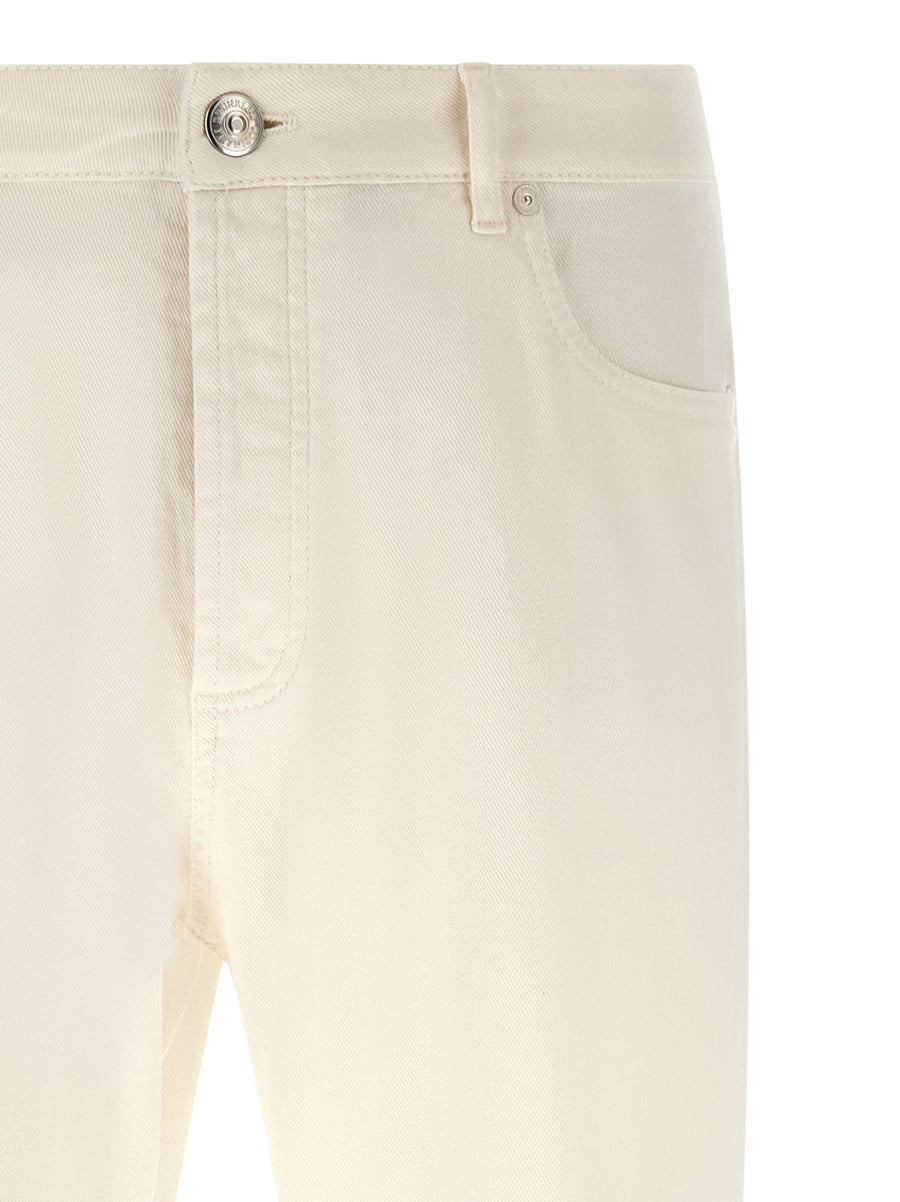 Brunello Cucinelli Logo Embroidery White Cotton Denim Jeans With Straight Leg