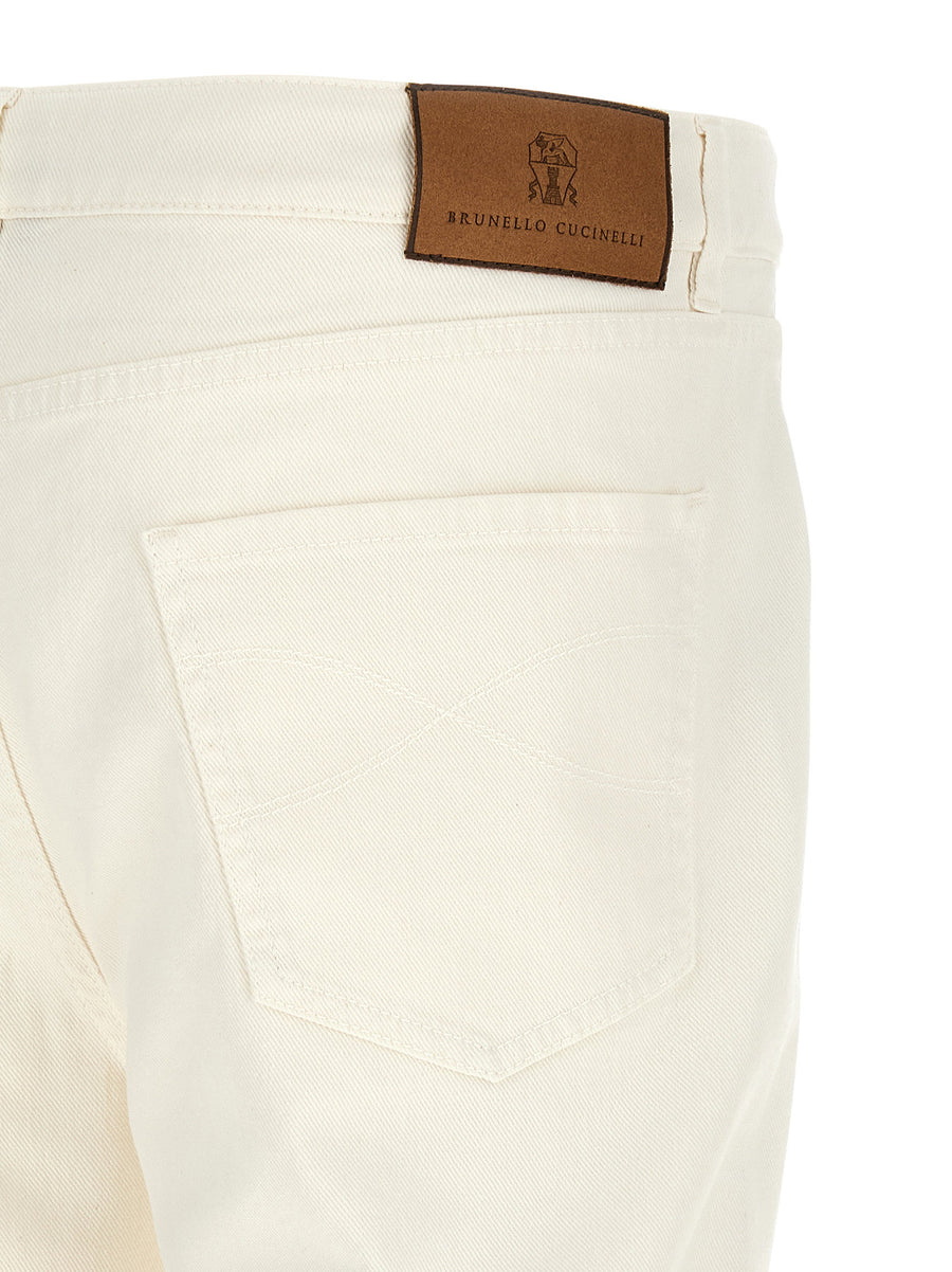 Brunello Cucinelli Logo Embroidery White Cotton Denim Jeans With Straight Leg