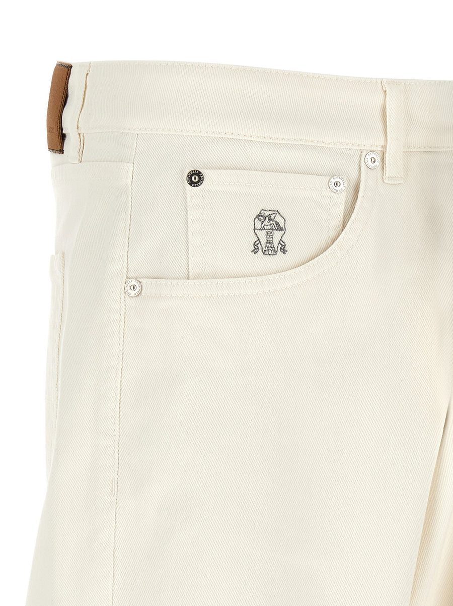 Brunello Cucinelli Logo Embroidery White Cotton Denim Jeans With Straight Leg