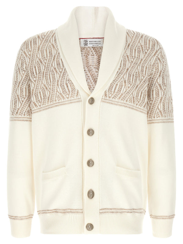 Brunello Cucinelli Beige Braided Jacquard Shoulders Cardigan 100 Percent Cotton