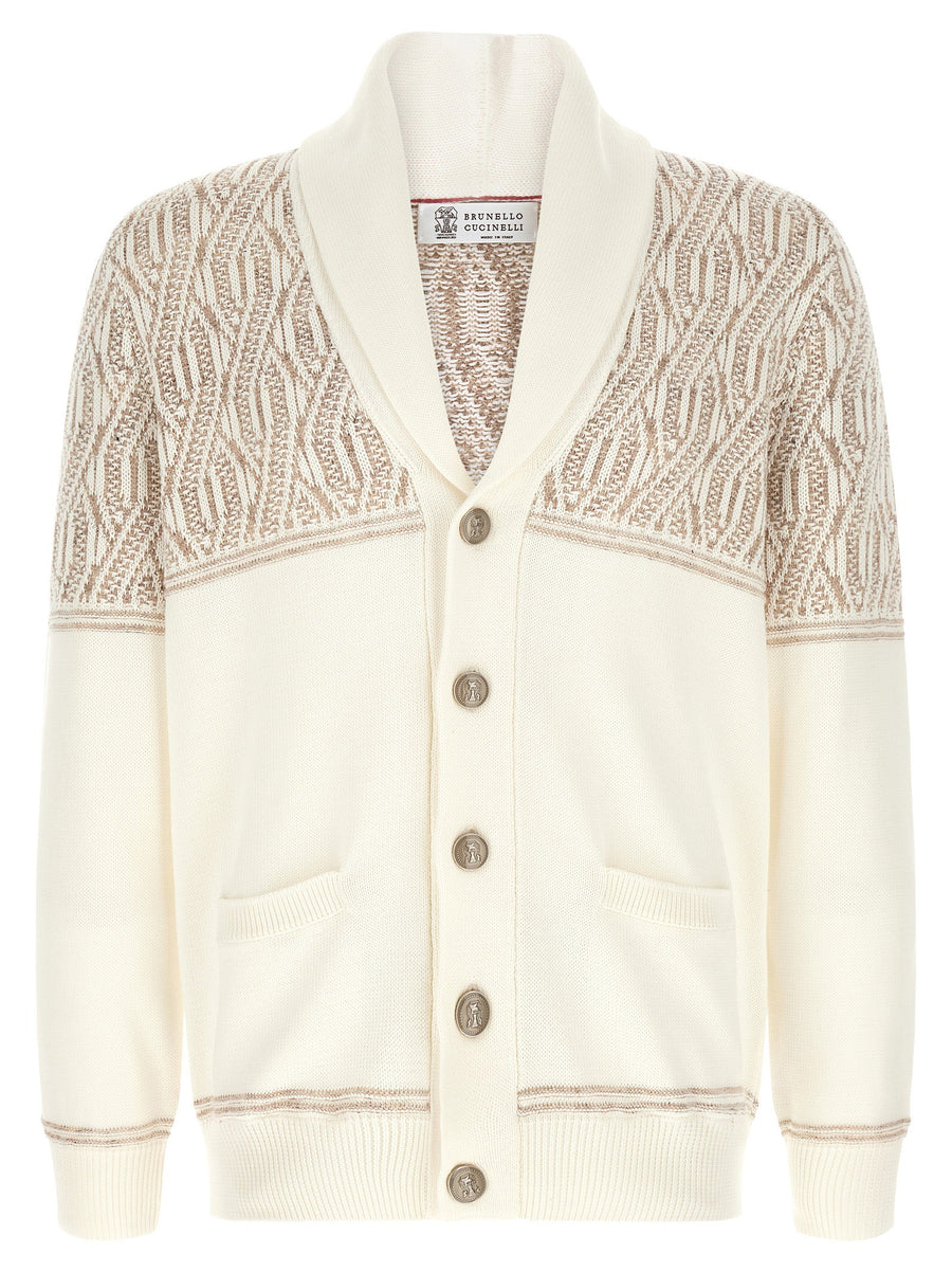 Brunello Cucinelli Beige Braided Jacquard Shoulders Cardigan 100 Percent Cotton