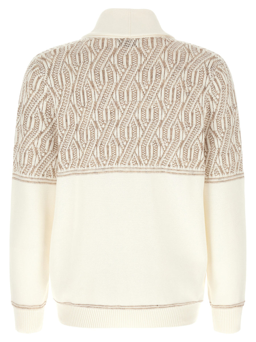 Brunello Cucinelli Beige Braided Jacquard Shoulders Cardigan 100 Percent Cotton