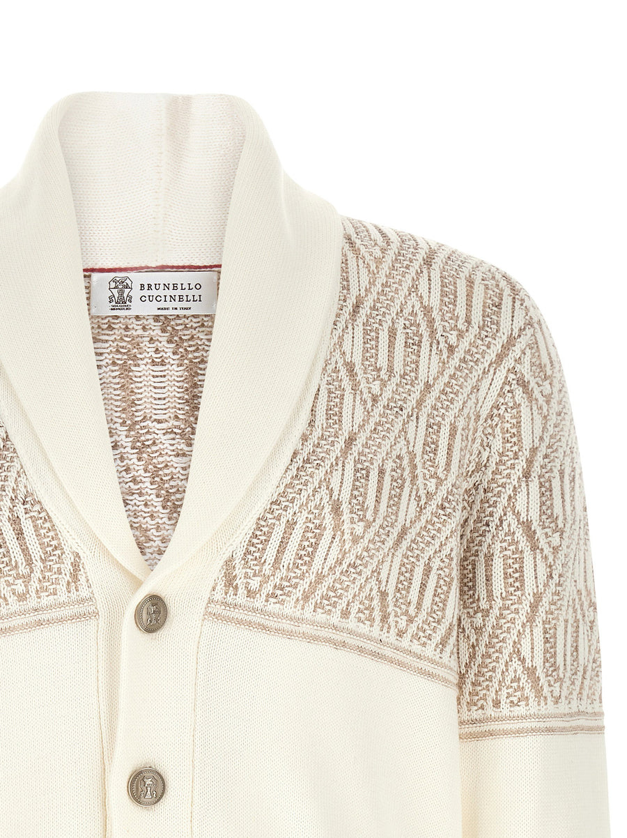 Brunello Cucinelli Beige Braided Jacquard Shoulders Cardigan 100 Percent Cotton