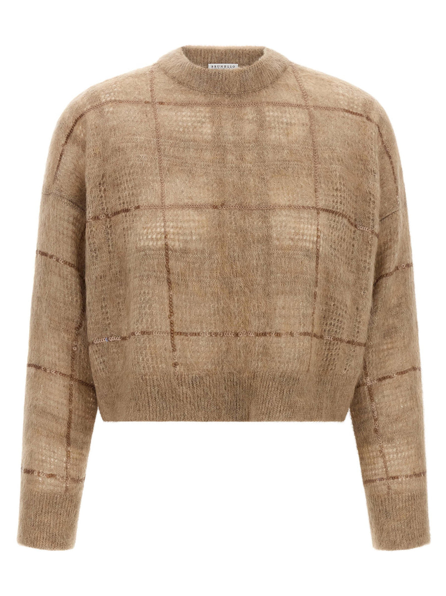 Brunello Cucinelli Beige Mohair Wool Sequin Check Crop Sweater