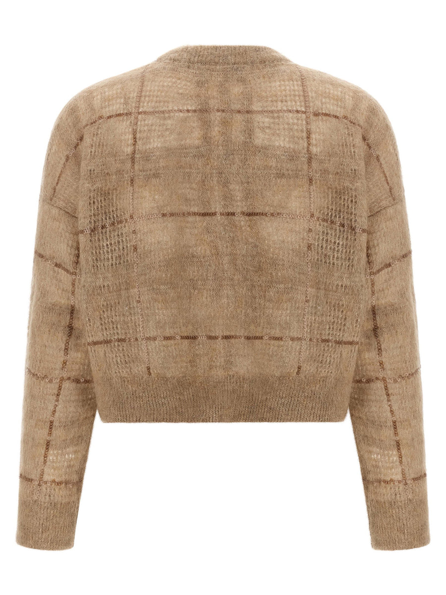 Brunello Cucinelli Beige Mohair Wool Sequin Check Crop Sweater