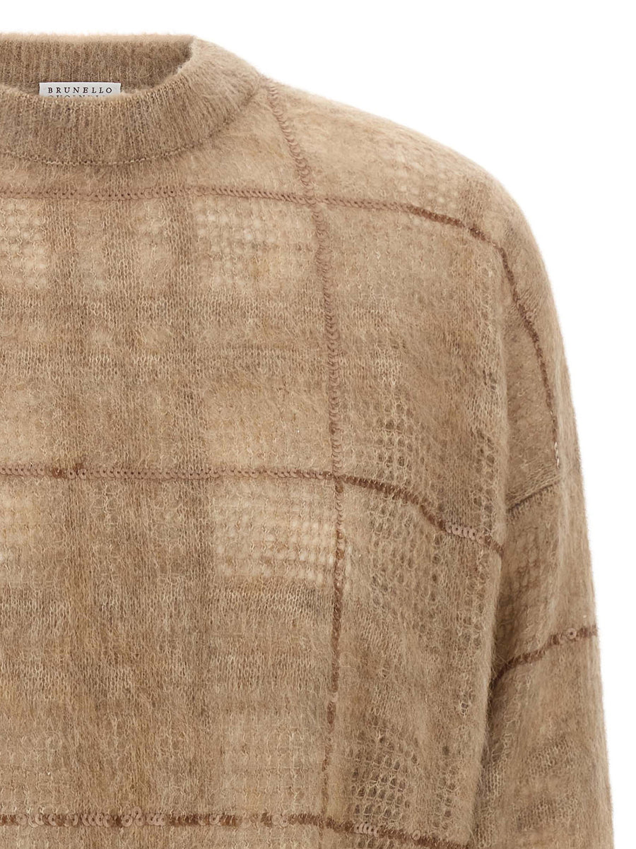 Brunello Cucinelli Beige Mohair Wool Sequin Check Crop Sweater