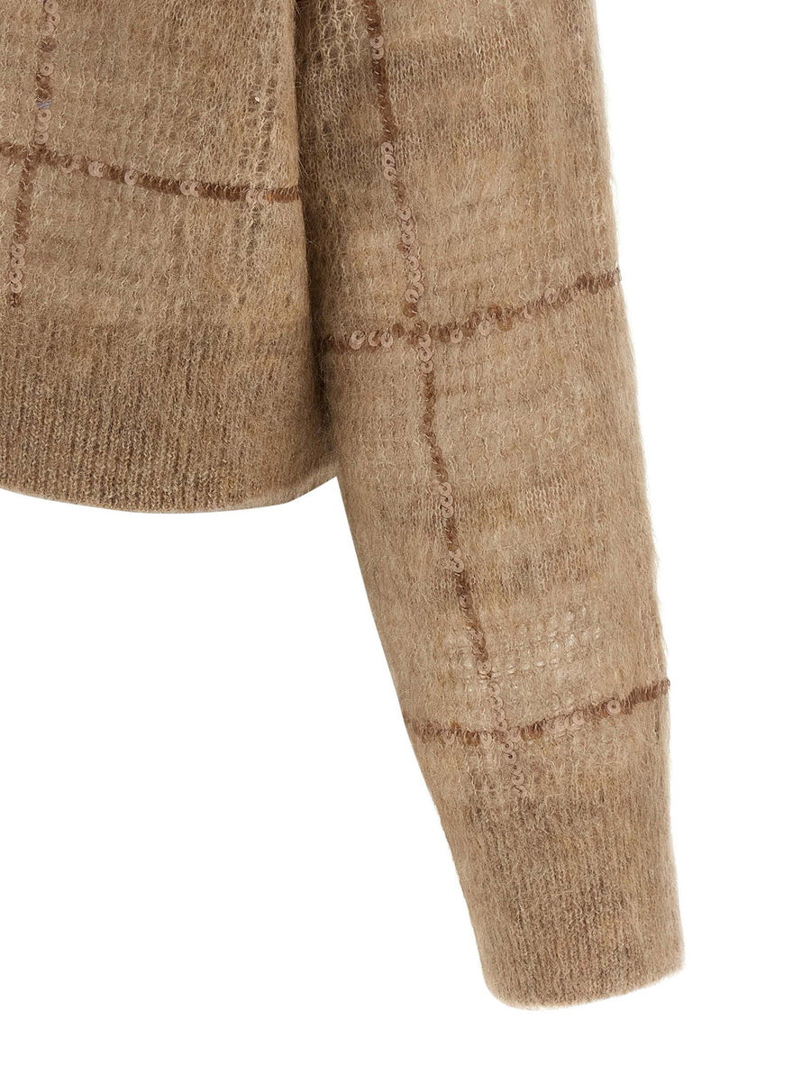 Brunello Cucinelli Beige Mohair Wool Sequin Check Crop Sweater