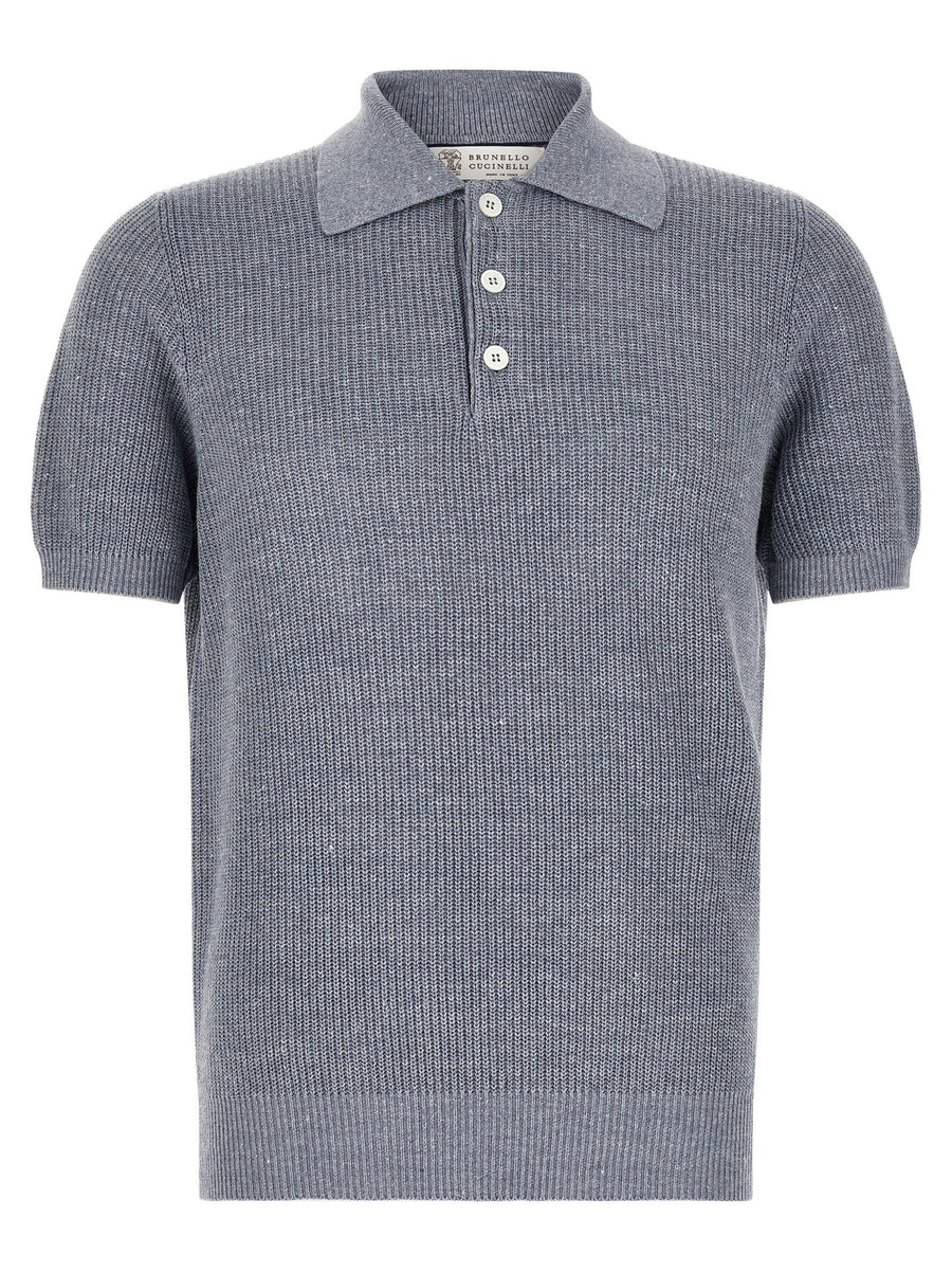 Brunello Cucinelli Half English Ribbed Linen Cotton Polo Shirt Blue