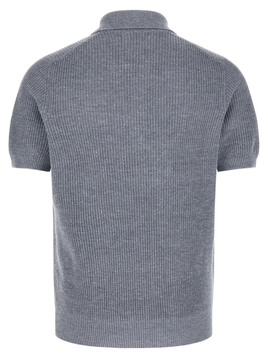Brunello Cucinelli Half English Ribbed Linen Cotton Polo Shirt Blue