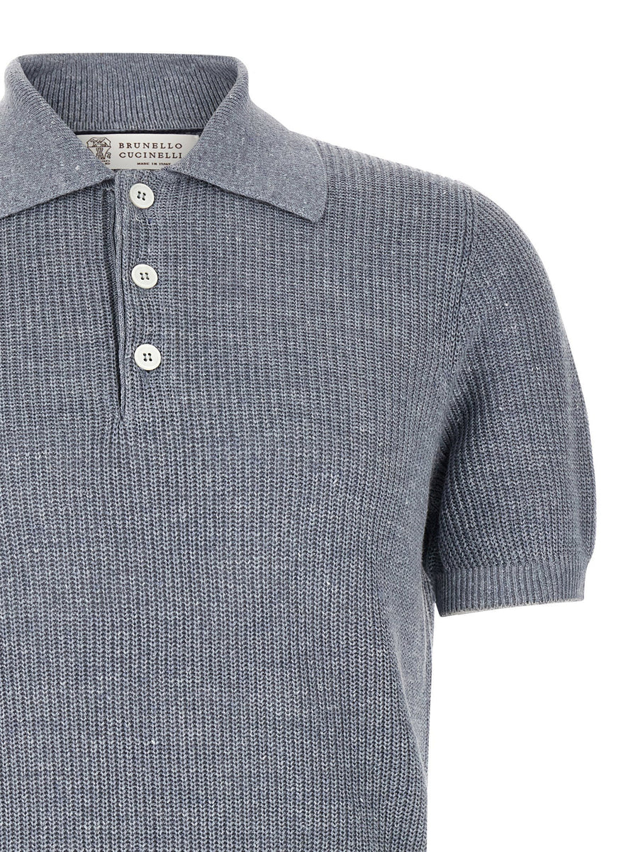 Brunello Cucinelli Half English Ribbed Linen Cotton Polo Shirt Blue