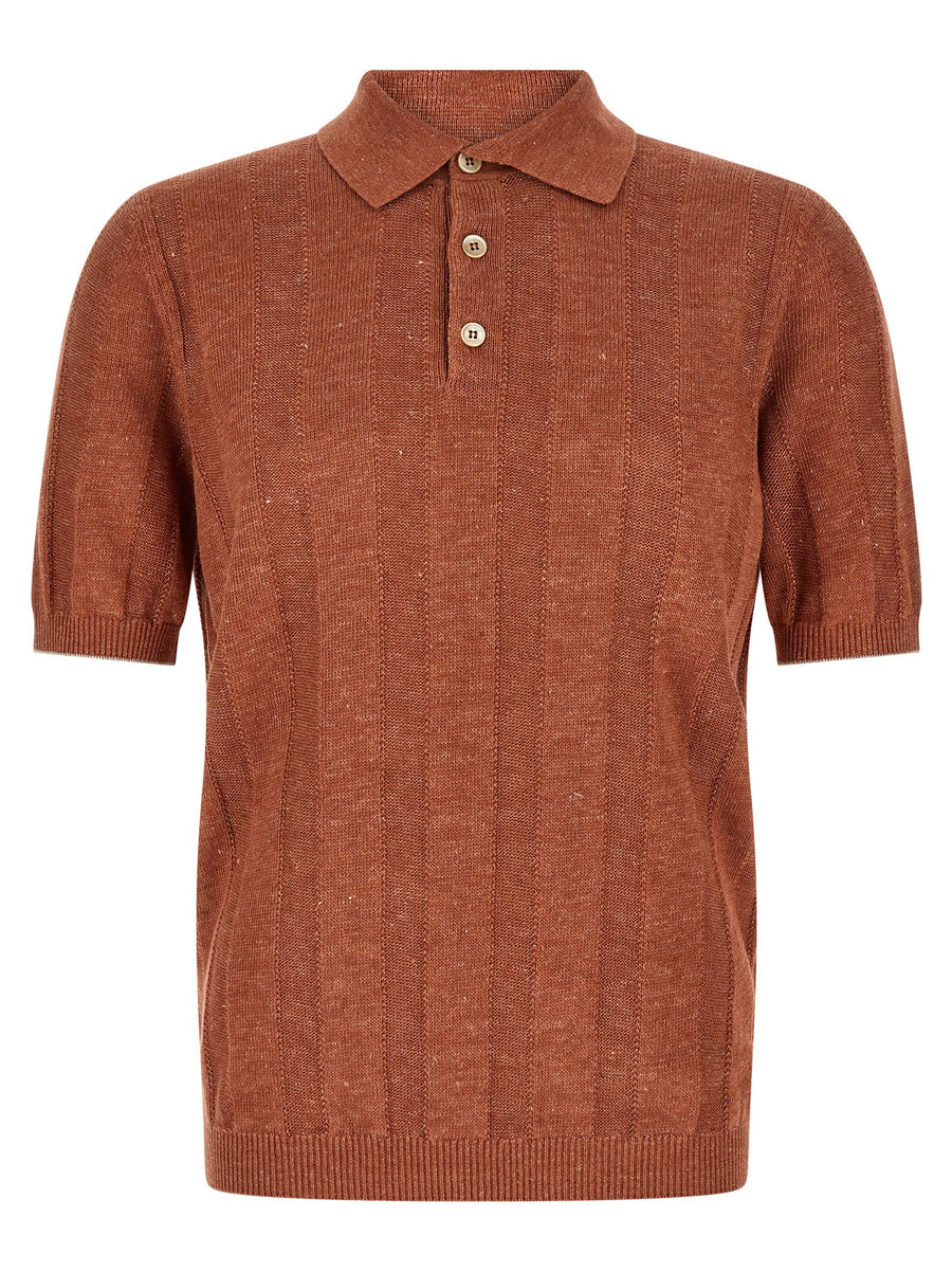 Brunello Cucinelli Linen Cotton Wide Ribbed Polo Shirt Orange