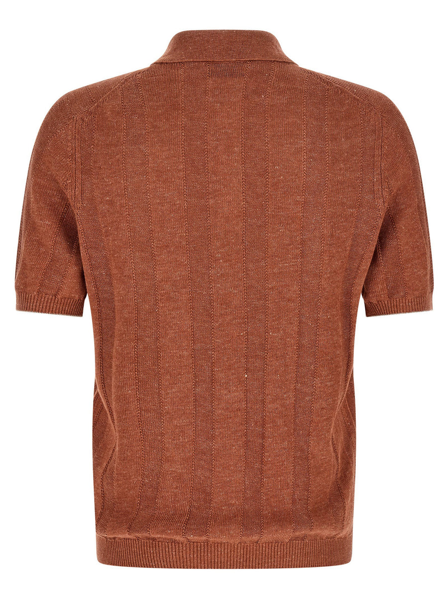 Brunello Cucinelli Linen Cotton Wide Ribbed Polo Shirt Orange