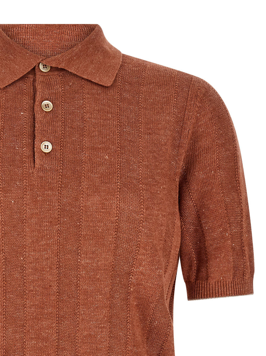Brunello Cucinelli Linen Cotton Wide Ribbed Polo Shirt Orange