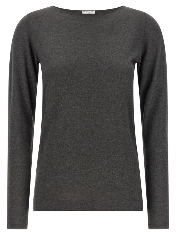 Brunello Cucinelli Sparkling Lamé Cashmere Knit Sweater for Women Gray Boat Neck Long Sleeve