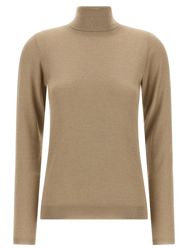 Brunello Cucinelli Sparkling Cashmere Silk Lame Turtleneck Sweater For Women Beige Luxury