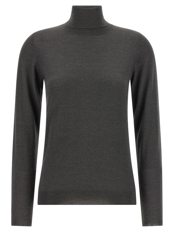 Brunello Cucinelli Sparkling Gray Turtleneck Sweater For Women Luxury Lamé Knit Shaved Cashmere Silk