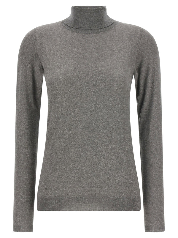 Brunello Cucinelli Luxurious Sparkling Cashmere Turtleneck Sweater For Women Gray Lame Knit