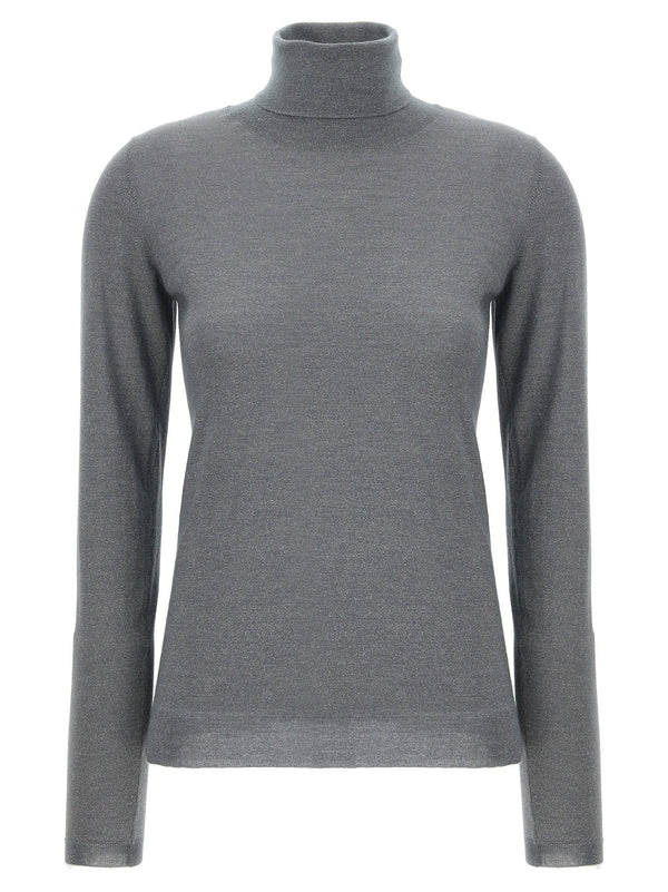 Brunello Cucinelli Sparkling Cashmere Silk Turtleneck Sweater Gray Lame Thread