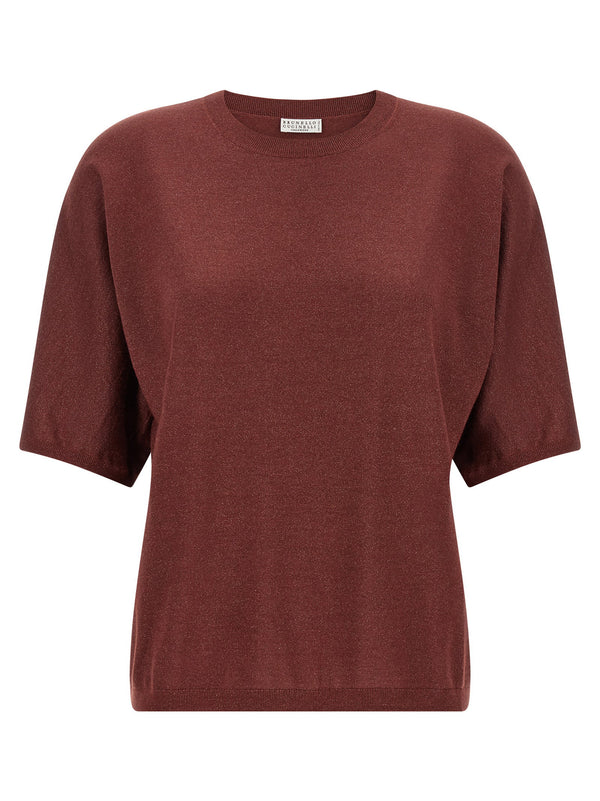 Brunello Cucinelli Sparkling Lame Cashmere Silk Knit Sweater for Women Bordeaux Crew Neck