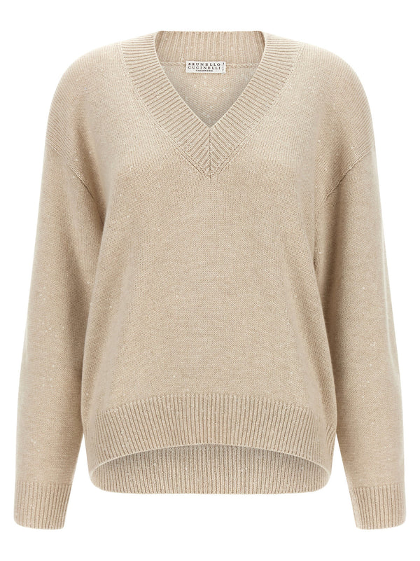 Brunello Cucinelli Diamante Sweater For Women Beige Cashmere Silk Knit With Allover Sequin Applique Oversized