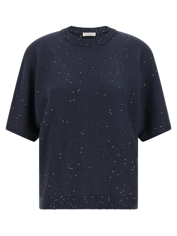 Brunello Cucinelli Diamante Sequin Cashmere Silk Sweater for Women, Blue, Oversized Crewneck