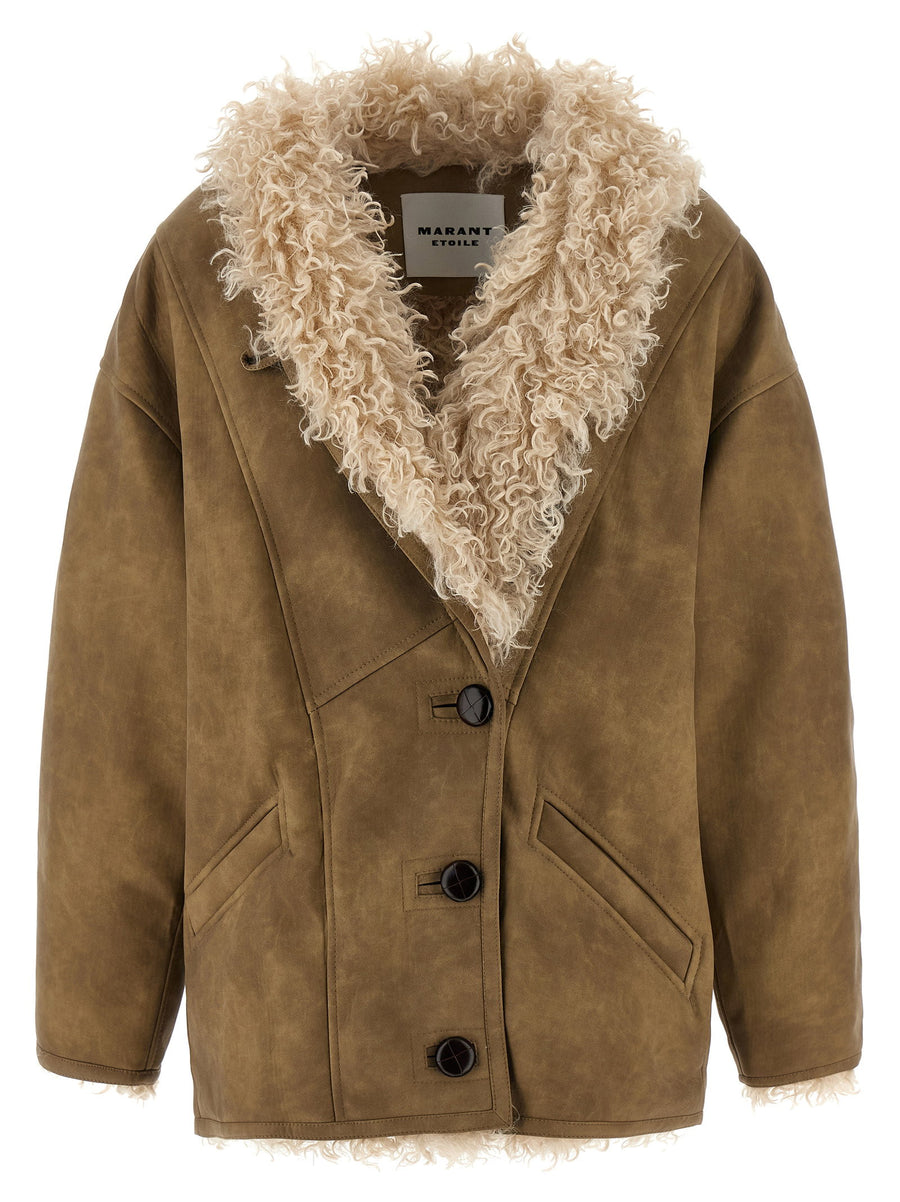 Marant Etoile Clea Jacket For Women Beige Faux Suede With Shearling Lining Luxurious Front Button Closure