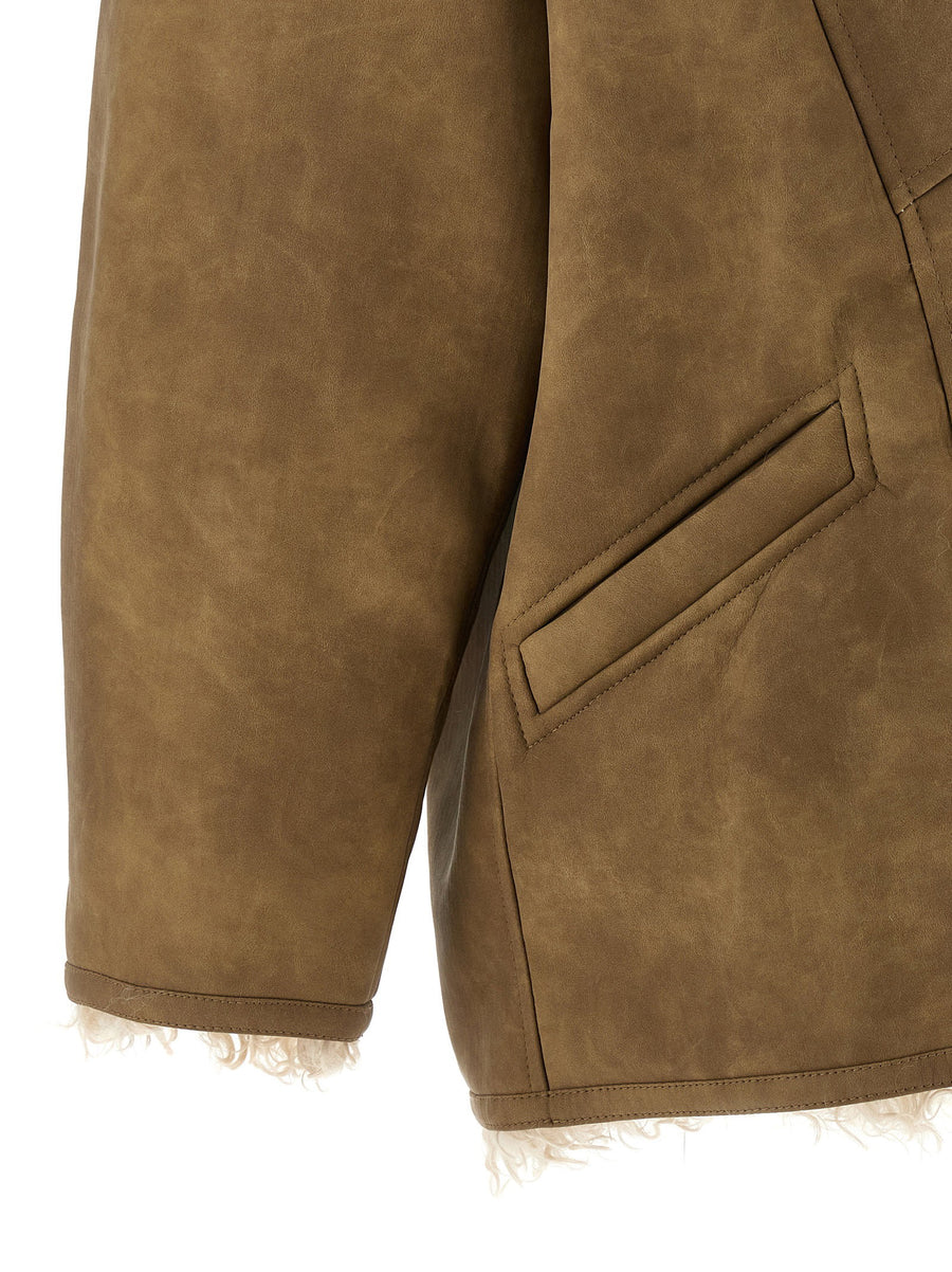 Marant Etoile Clea Jacket For Women Beige Faux Suede With Shearling Lining Luxurious Front Button Closure