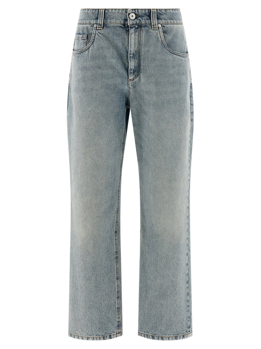 Brunello Cucinelli Retro Jeans For Women Luxury Light Blue 100 Percent Cotton Cropped High Waist Straight Leg