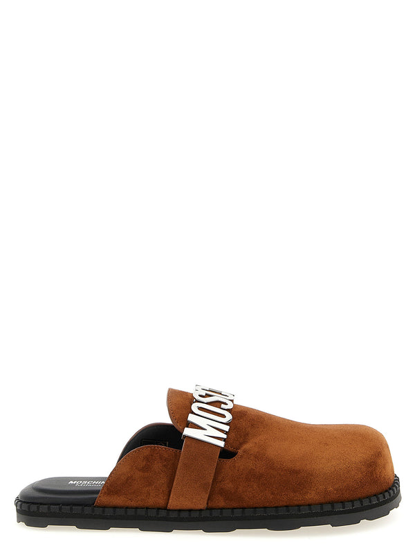 Moschino Suede Sabots Flat Brown Calfskin Leather With Metal Logo Strap