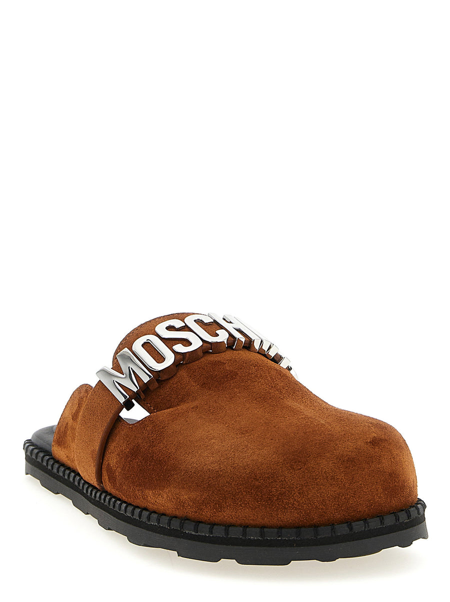 Moschino Suede Sabots Flat Brown Calfskin Leather With Metal Logo Strap