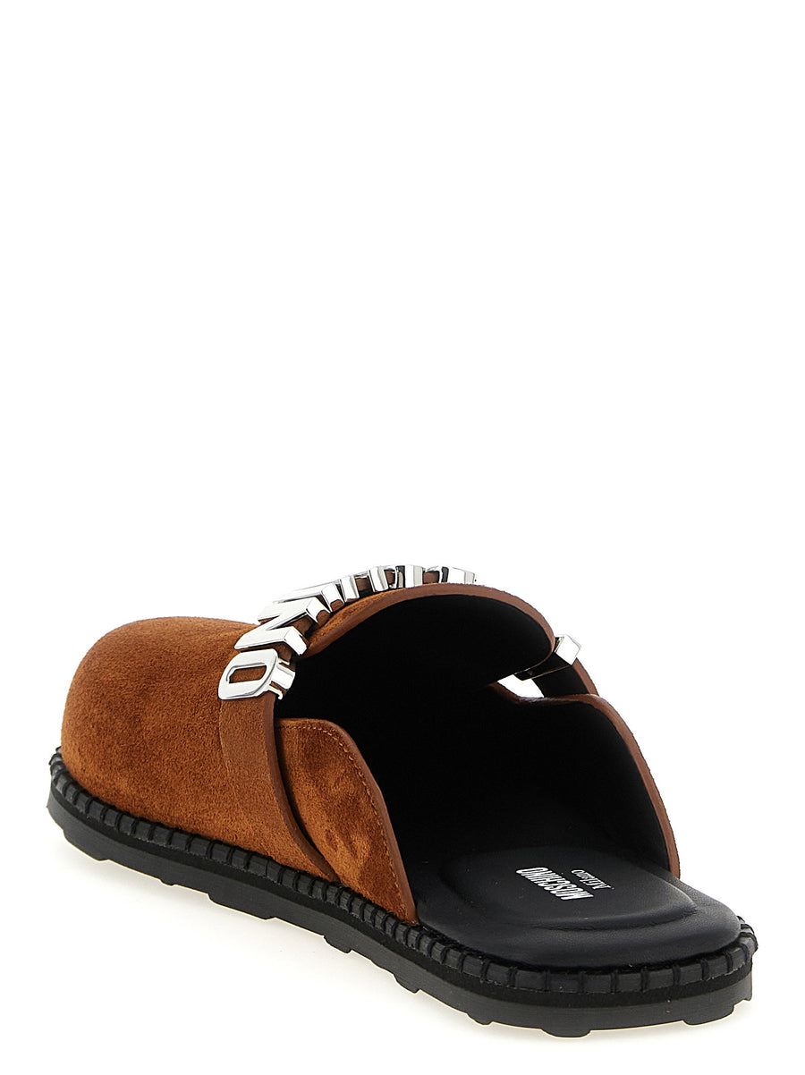 Moschino Suede Sabots Flat Brown Calfskin Leather With Metal Logo Strap