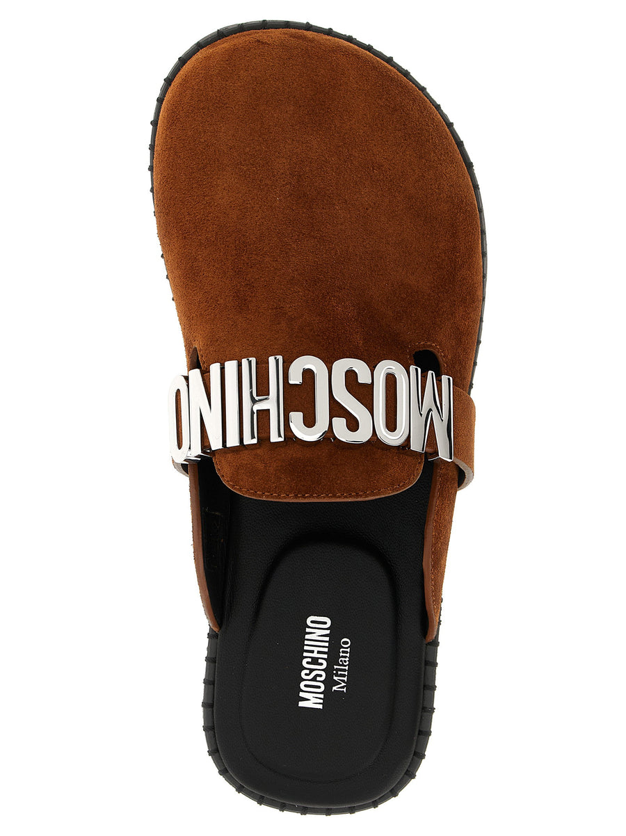 Moschino Suede Sabots Flat Brown Calfskin Leather With Metal Logo Strap