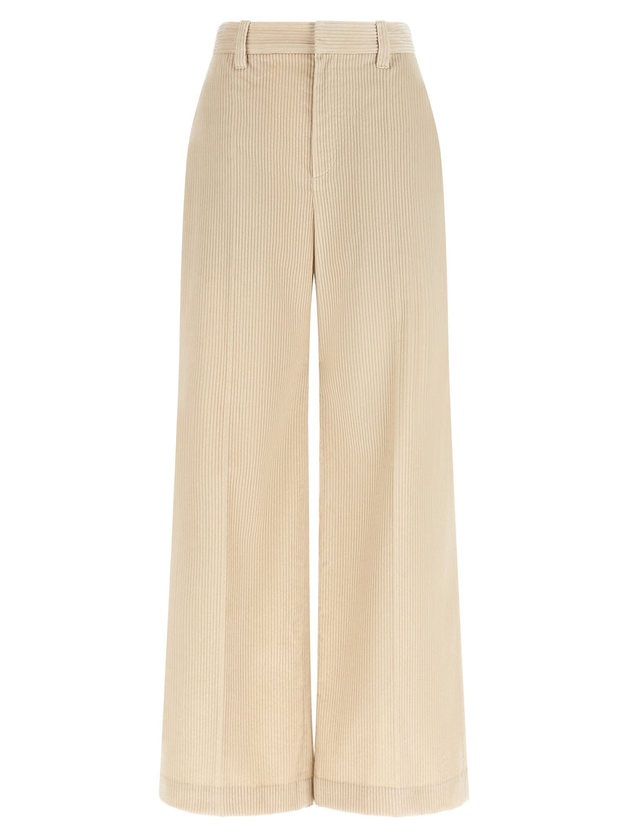 Brunello Cucinelli Beige Pure Cotton Loose Pants With Wide Leg And High Waist