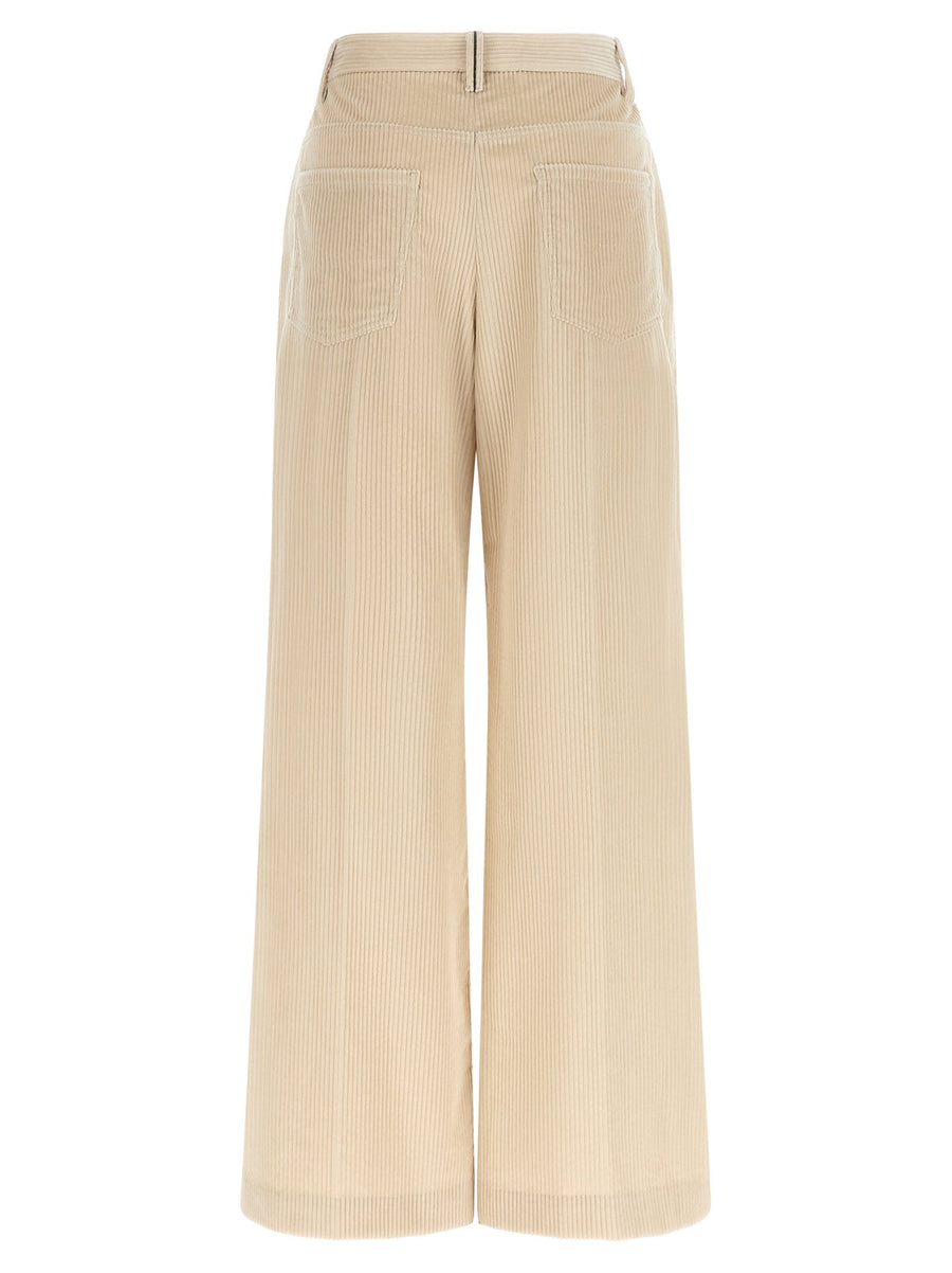 Brunello Cucinelli Beige Pure Cotton Loose Pants With Wide Leg And High Waist