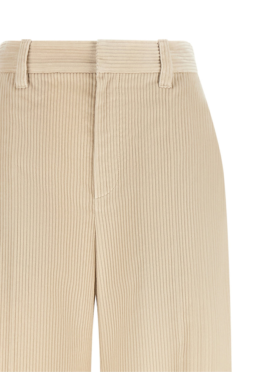 Brunello Cucinelli Beige Pure Cotton Loose Pants With Wide Leg And High Waist