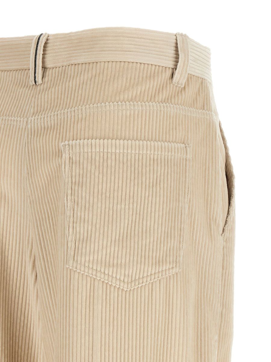 Brunello Cucinelli Beige Pure Cotton Loose Pants With Wide Leg And High Waist