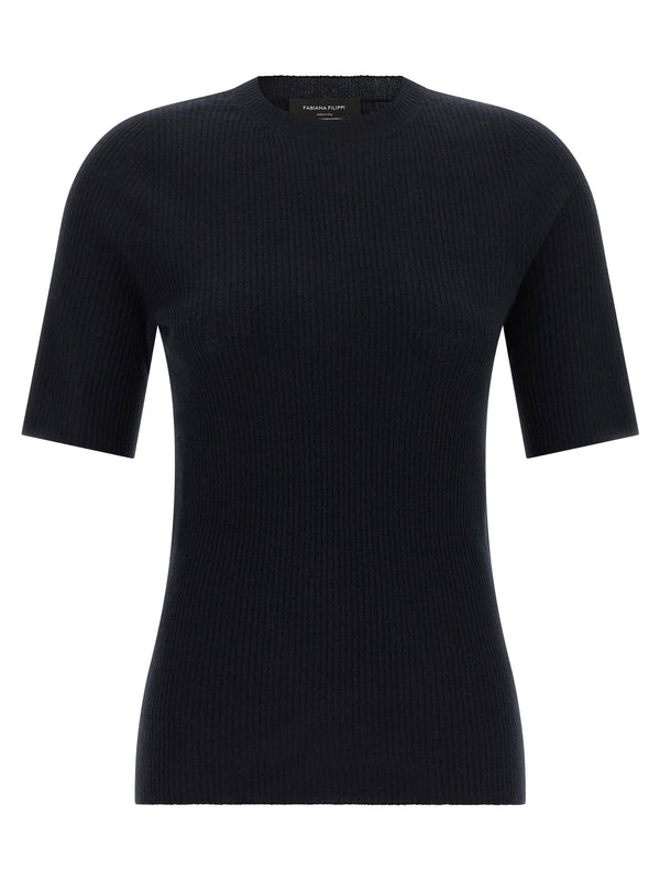 Fabiana Filippi Ribbed Knit Top Blue Virgin Wool Silk Cashmere Slim Fit
