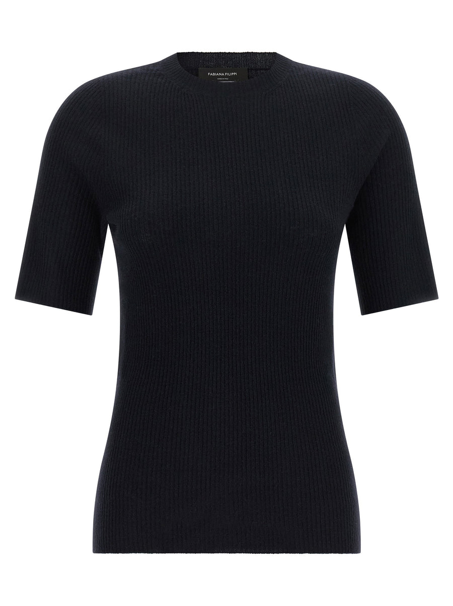 Fabiana Filippi Ribbed Knit Top Blue Virgin Wool Silk Cashmere Slim Fit