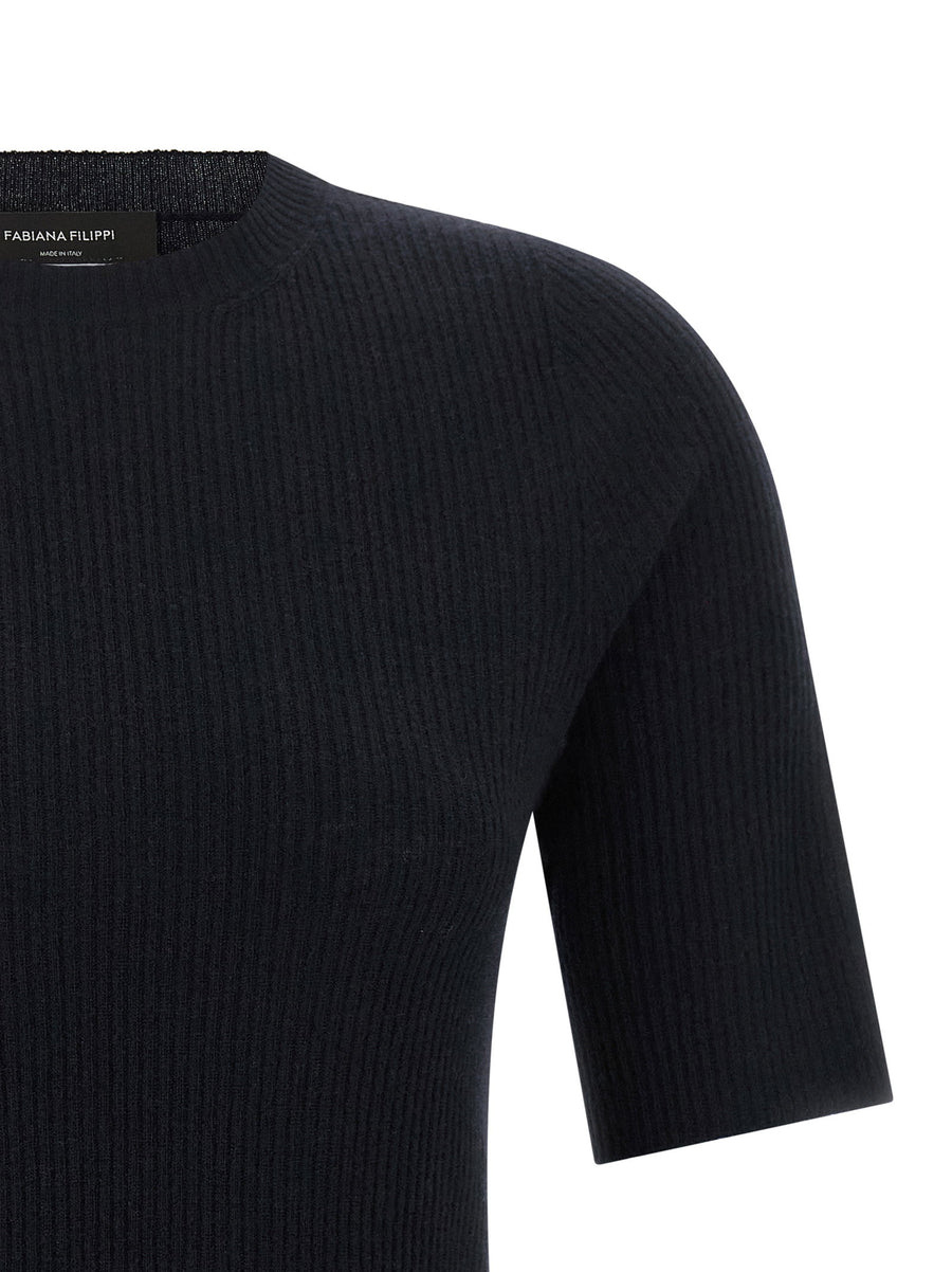 Fabiana Filippi Ribbed Knit Top Blue Virgin Wool Silk Cashmere Slim Fit