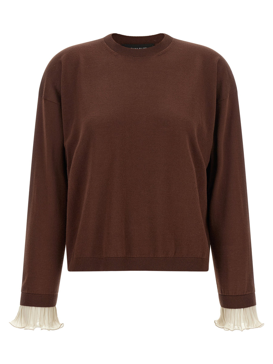 Fabiana Filippi Brown Virgin Wool Cotton Blend Pleated Cuffs Sweater Relaxed Fit