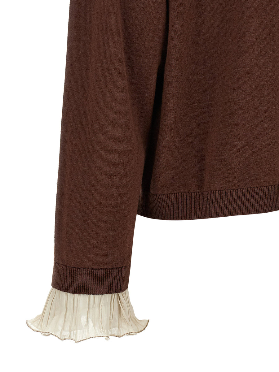 Fabiana Filippi Brown Virgin Wool Cotton Blend Pleated Cuffs Sweater Relaxed Fit