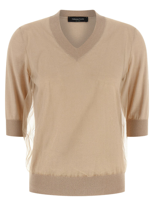 Fabiana Filippi Beige Luxurious Double Layer Sweater With Virgin Wool Cotton Blend And Tulle Inset For Women