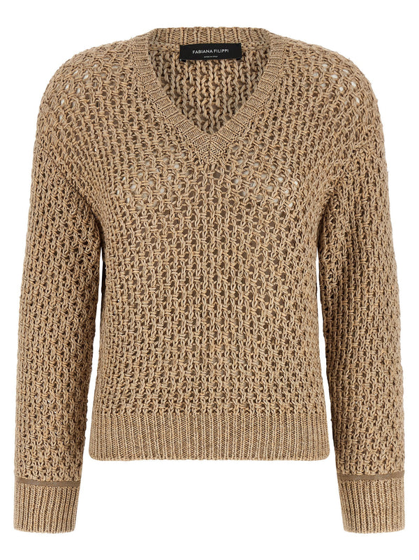 Fabiana Filippi Mouliné Yarn Sweater For Women Textured Bark-Stitch Knit With V-Neck