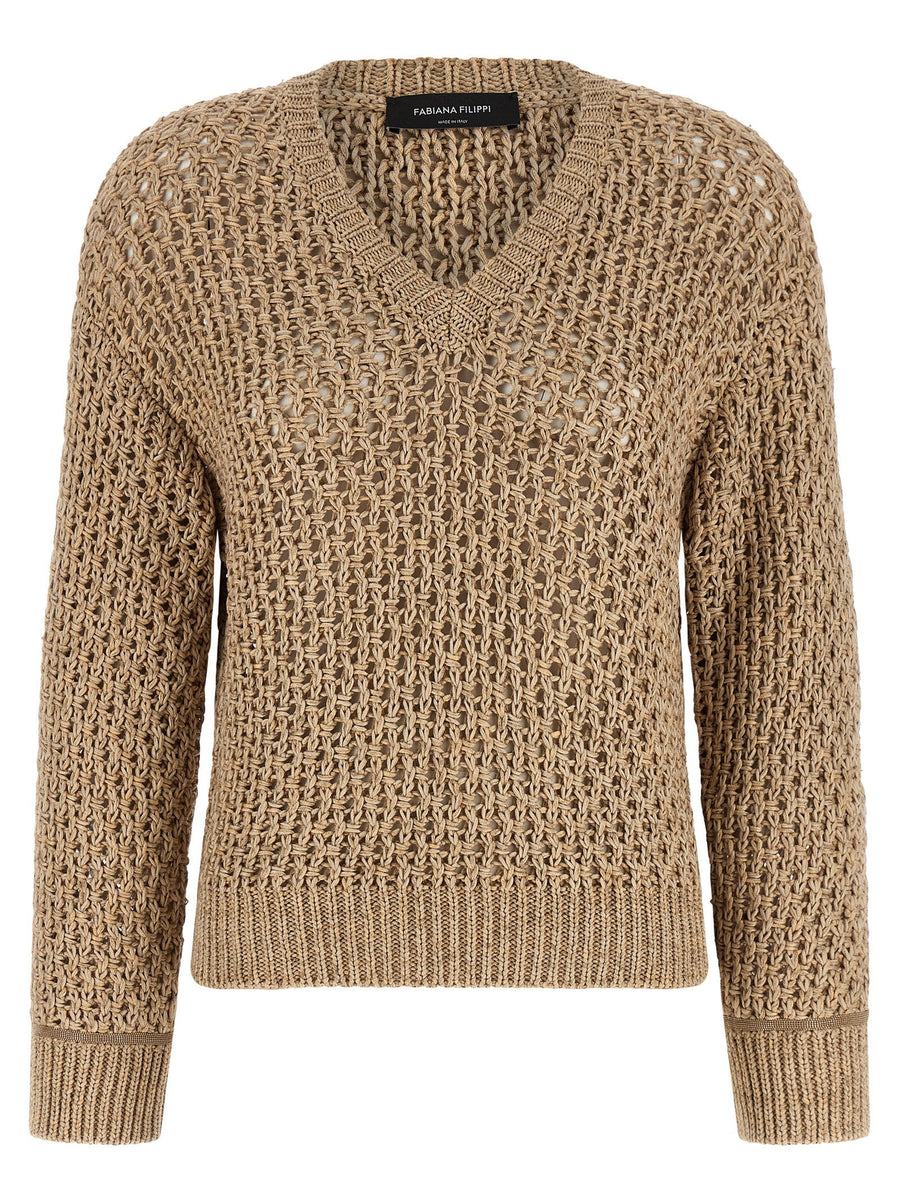 Fabiana Filippi Mouliné Yarn Sweater For Women Textured Bark-Stitch Knit With V-Neck