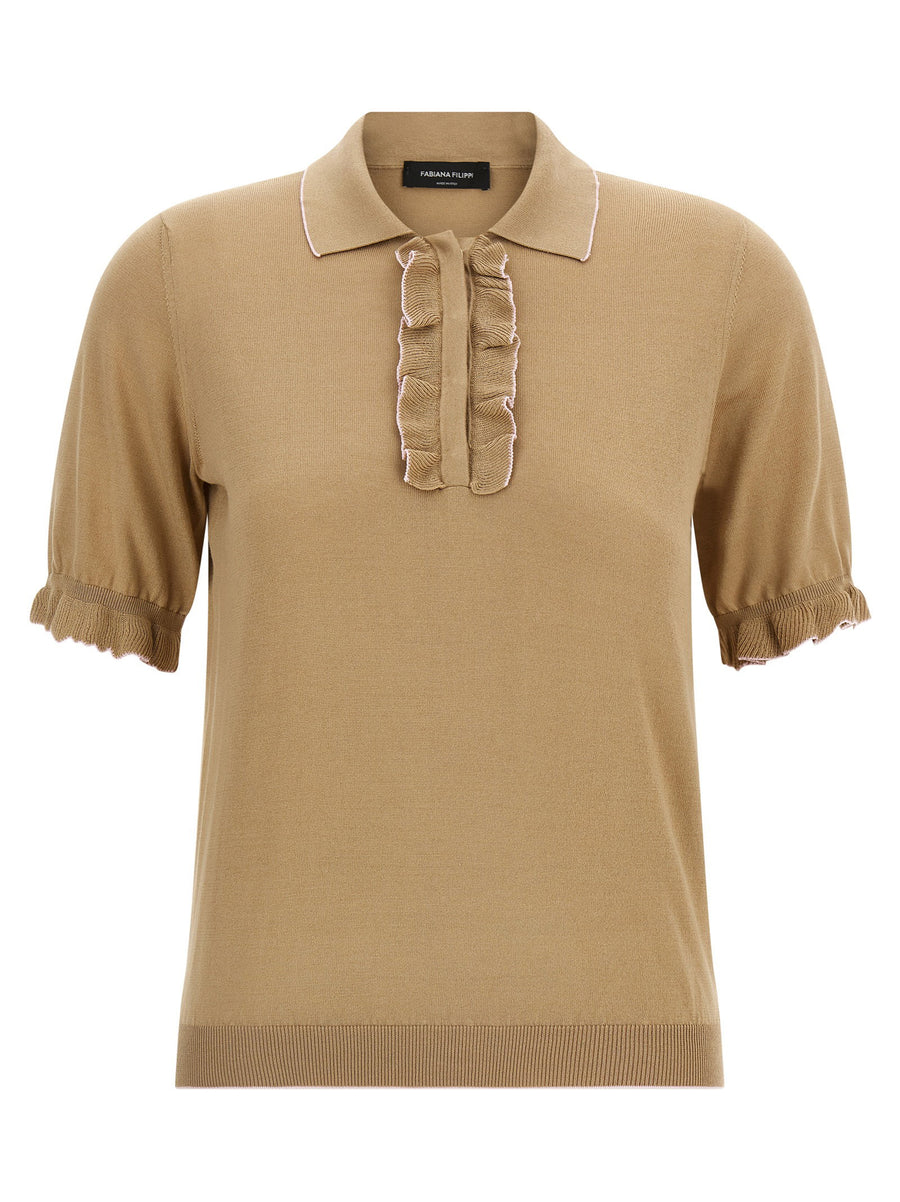 Fabiana Filippi Cotton Silk Polo Shirt for Women Luxury Stretch Silk Blend With Delicate Piping And Ruffle