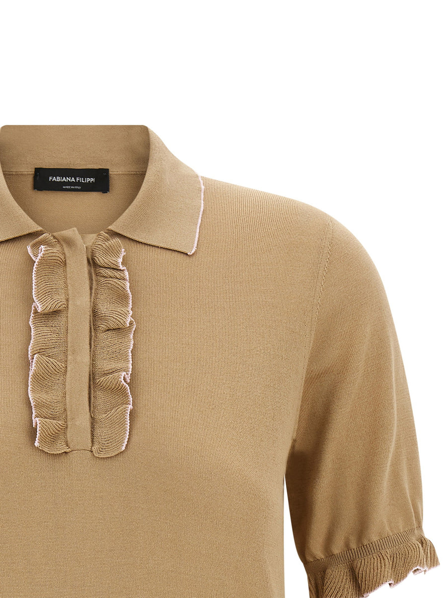 Fabiana Filippi Cotton Silk Polo Shirt for Women Luxury Stretch Silk Blend With Delicate Piping And Ruffle