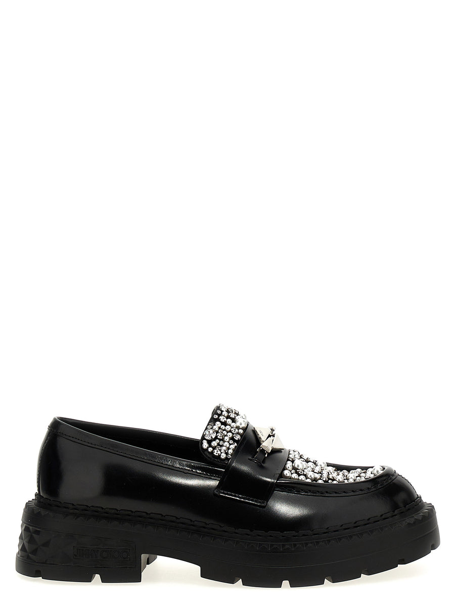 Jimmy Choo Marlow Diamond Loafers Luxurious Black Leather With Pearl And Rhinestone Accents For Women